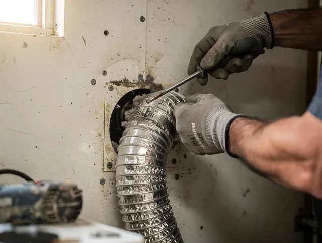 Westmont Dryer Vent Cleaning technician performing precise dryer vent hose installation in Westmont